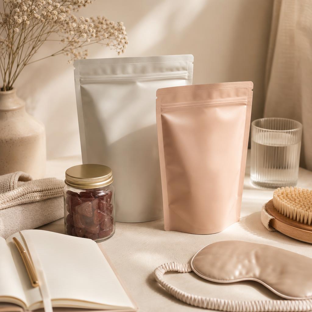 Original conservative beauty-supplement editorial with sealed packages and self-care accessories