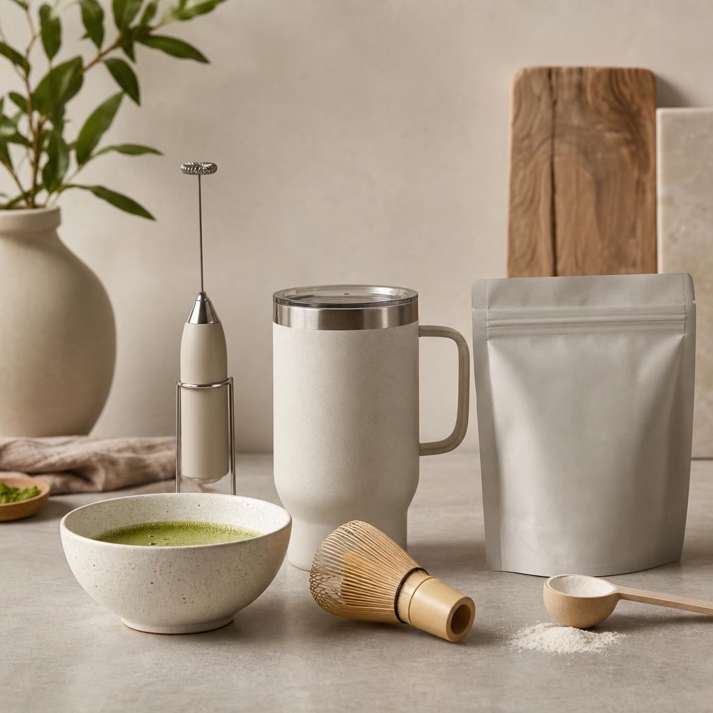 Original conservative matcha and supplement editorial with bowl, frother, mug, pouch and scoop