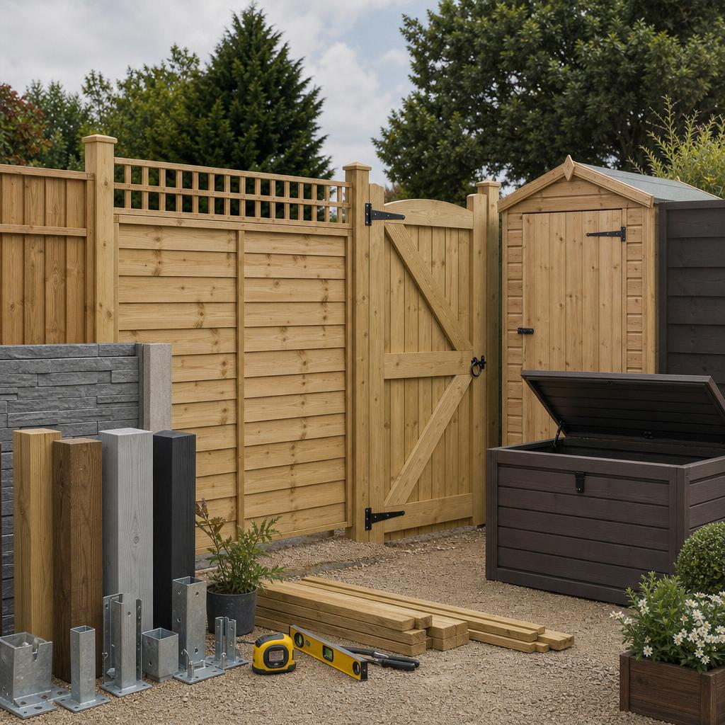 Original fencing editorial with panels, gate, posts, shed, storage, hardware and measuring tools