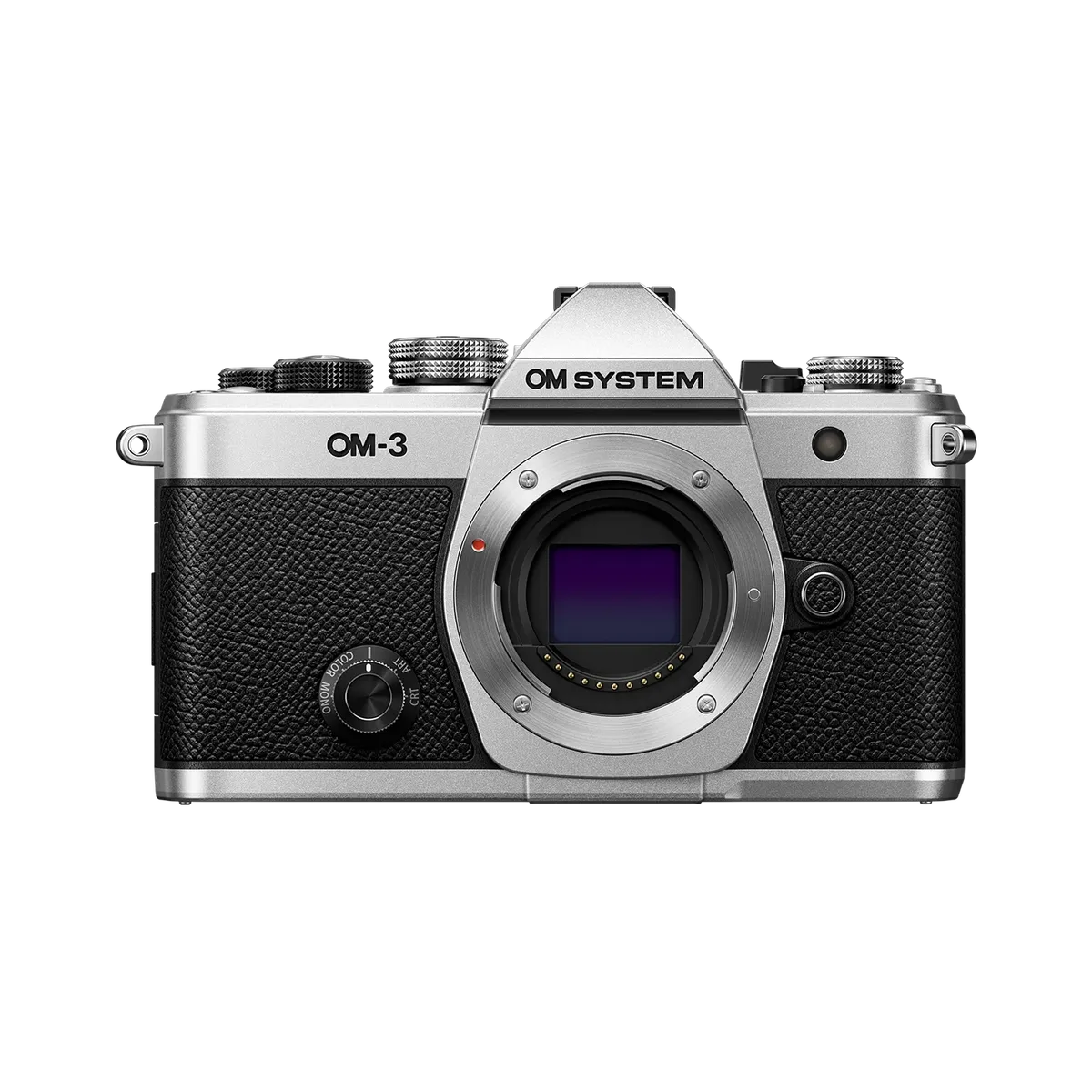 Silver and black OM System OM-3 mirrorless camera body viewed from the front