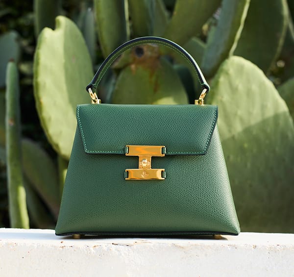 Structured dark green leather handbag with a gold clasp displayed in front of cactus leaves