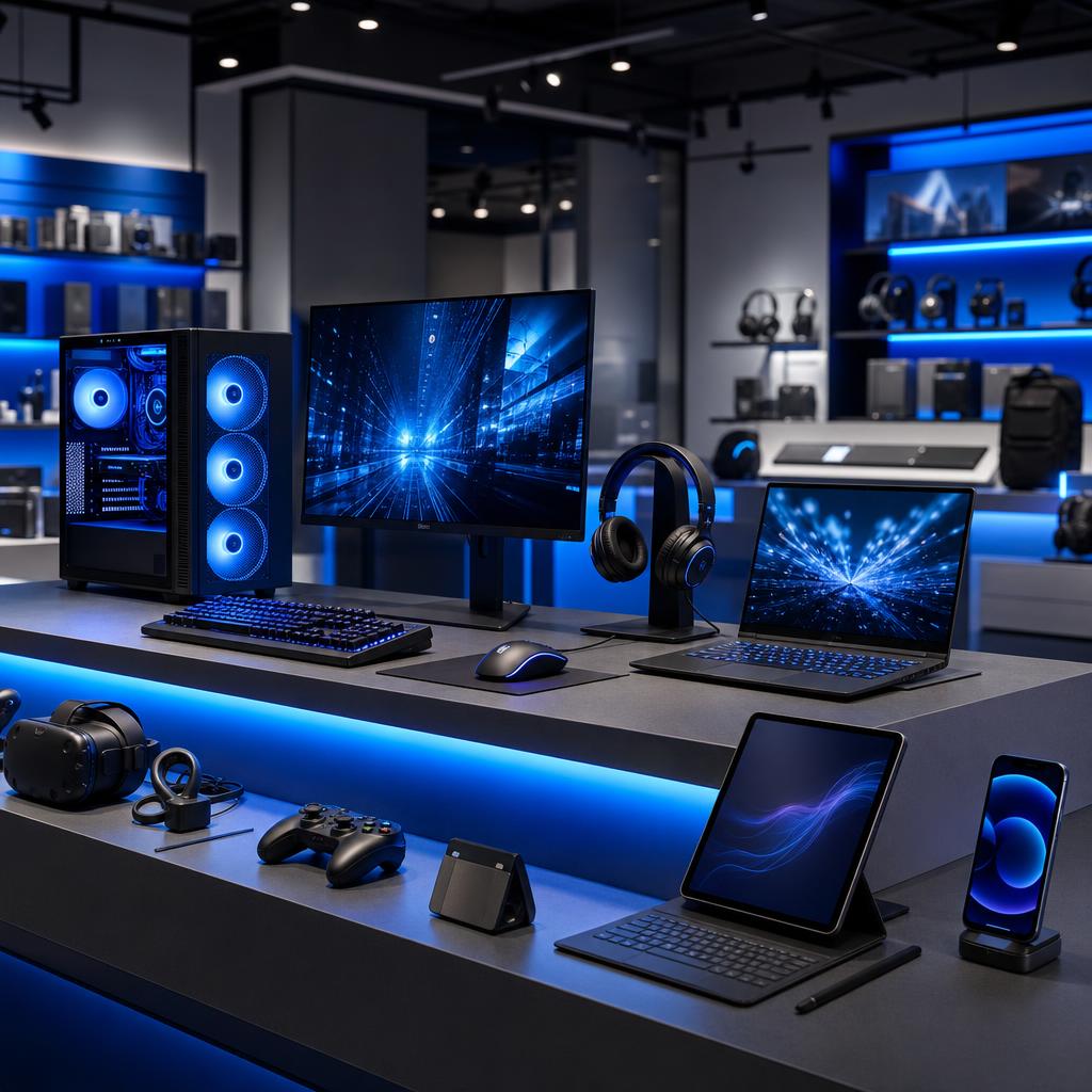 Original technology retail editorial with gaming desktop, laptop, monitor, tablet and phone