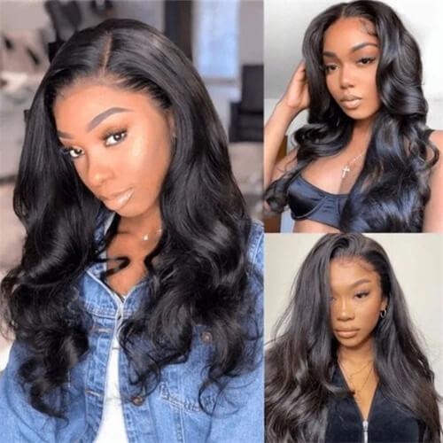 Three women modeling long, wavy black wigs in a photo collage.