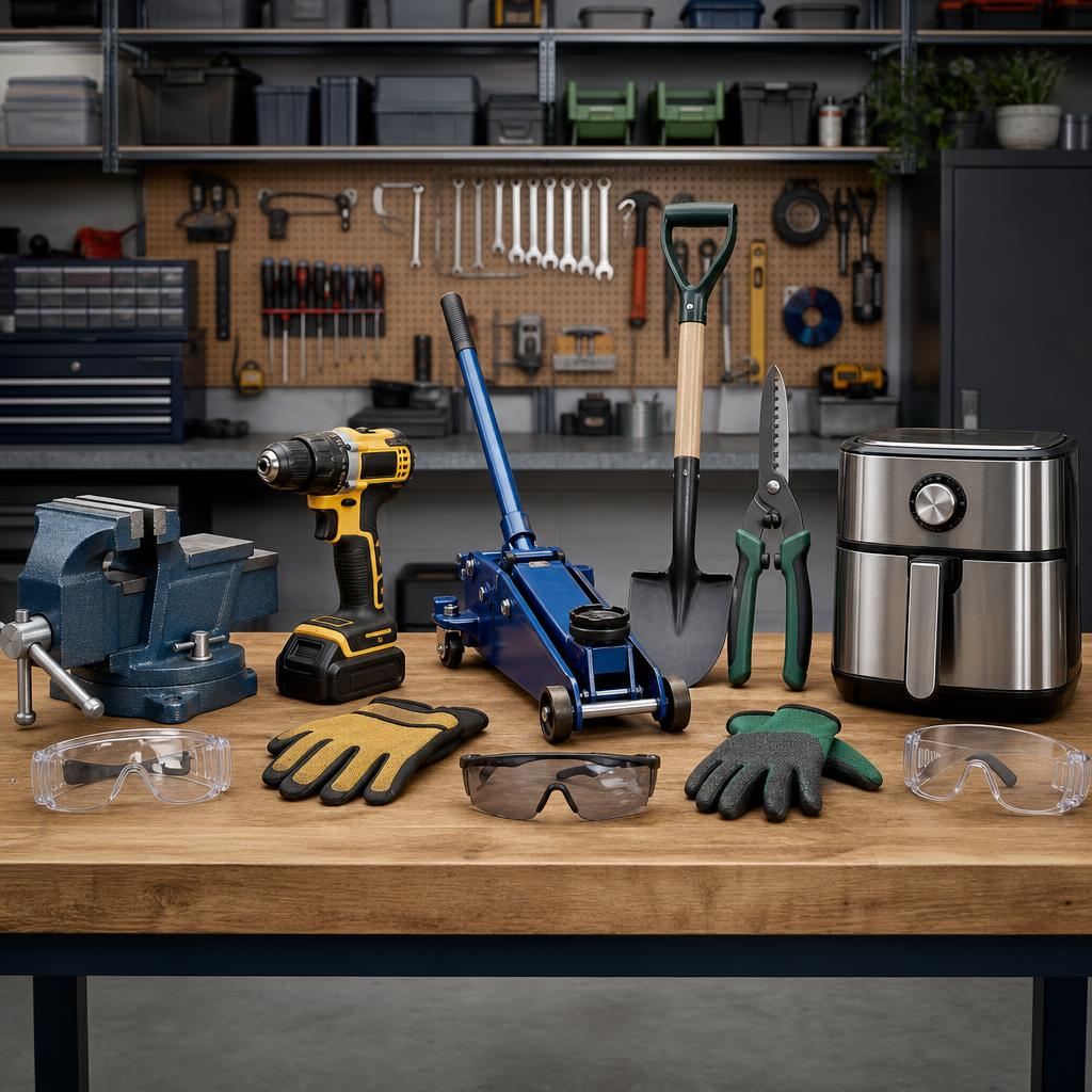 Original broad equipment editorial with vise, drill, jack, garden tool and kitchen appliance