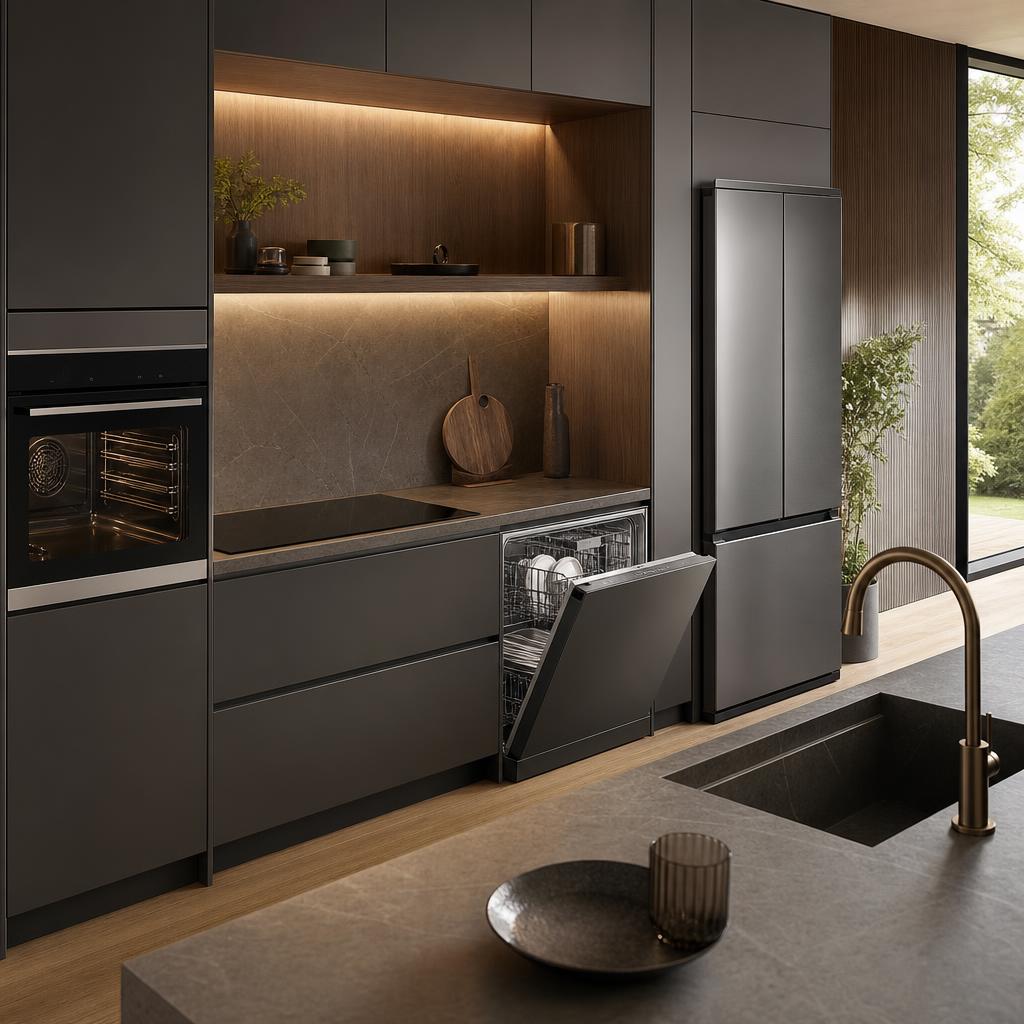 Original premium-appliance editorial with oven, hob, fridge freezer, dishwasher and tap