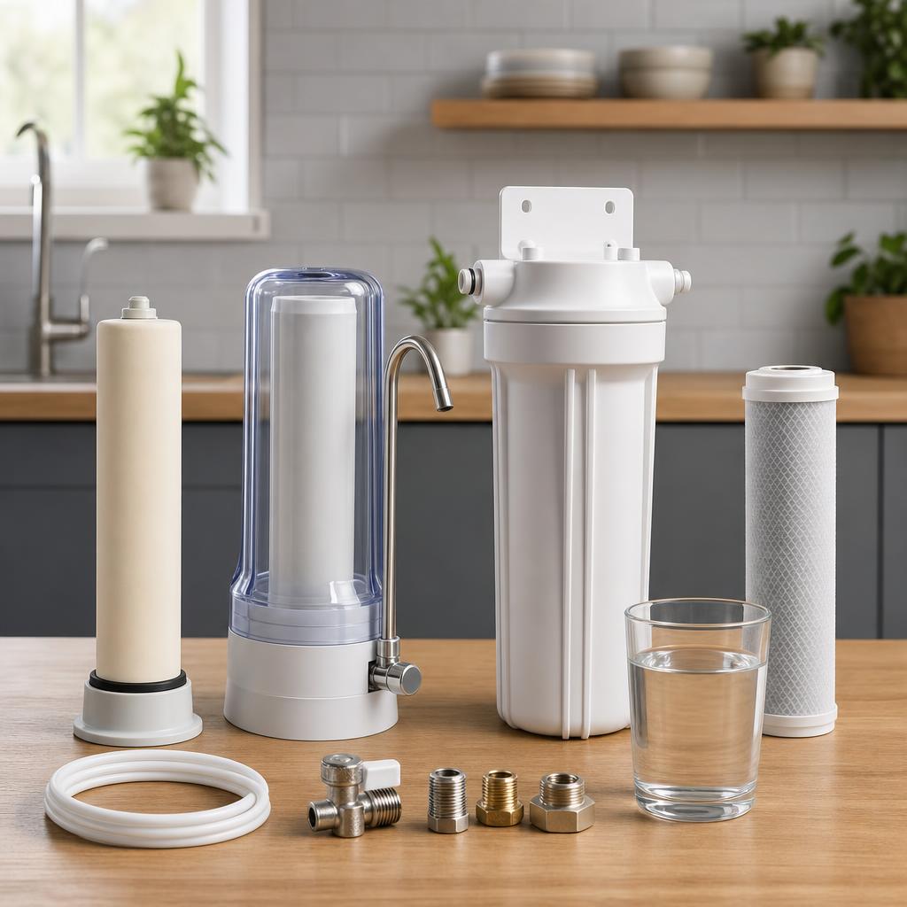 Original water-filter editorial with ceramic element, housings, fittings and water glass