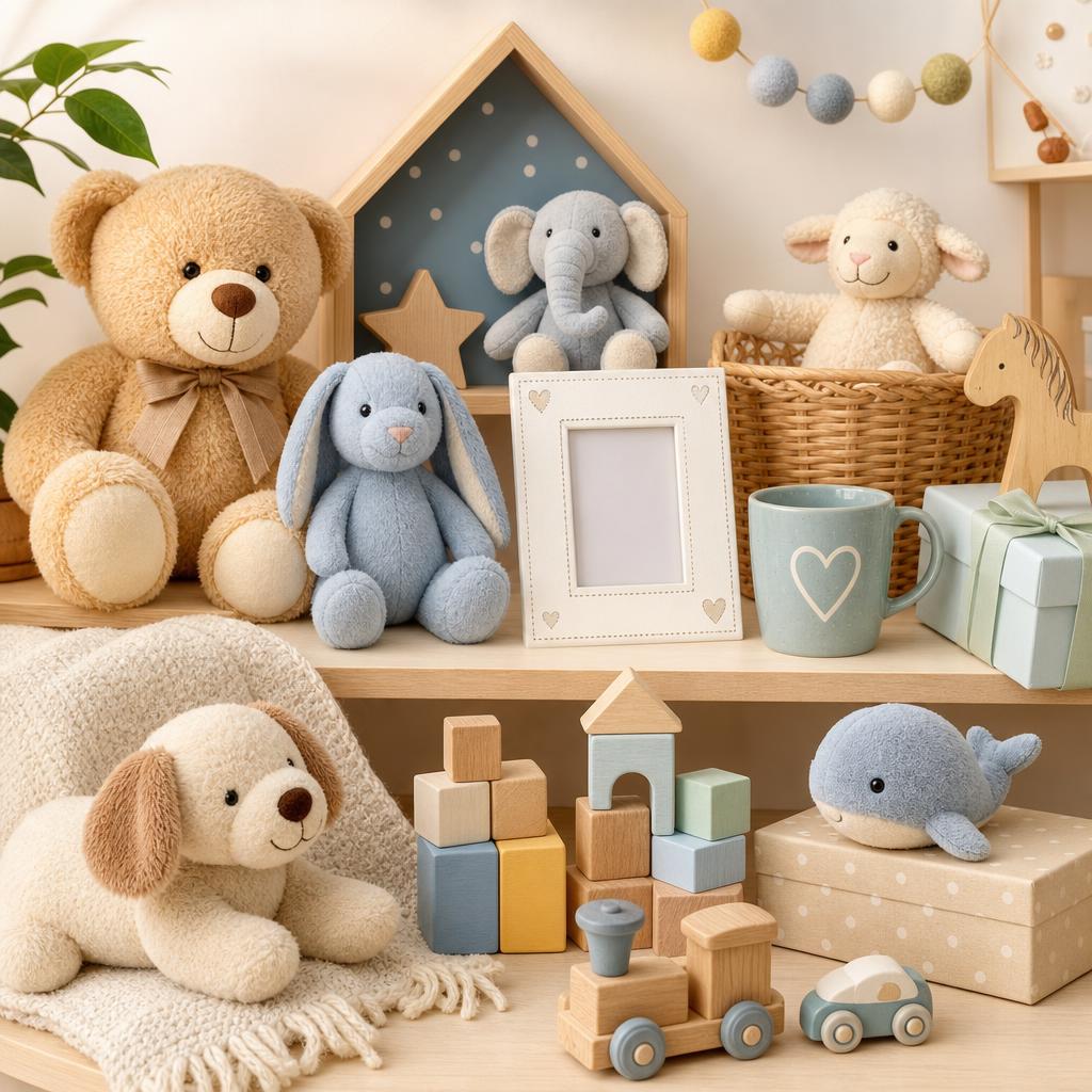 Original children’s gift editorial with teddy, soft toys, keepsake frame, mug and wooden blocks