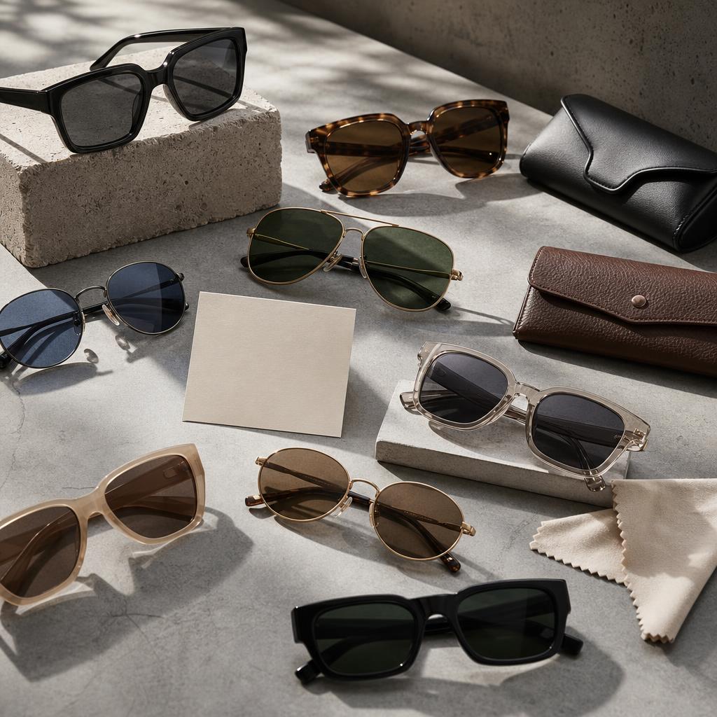 Original sunglasses editorial with varied frames, lens card, cases and cleaning cloth