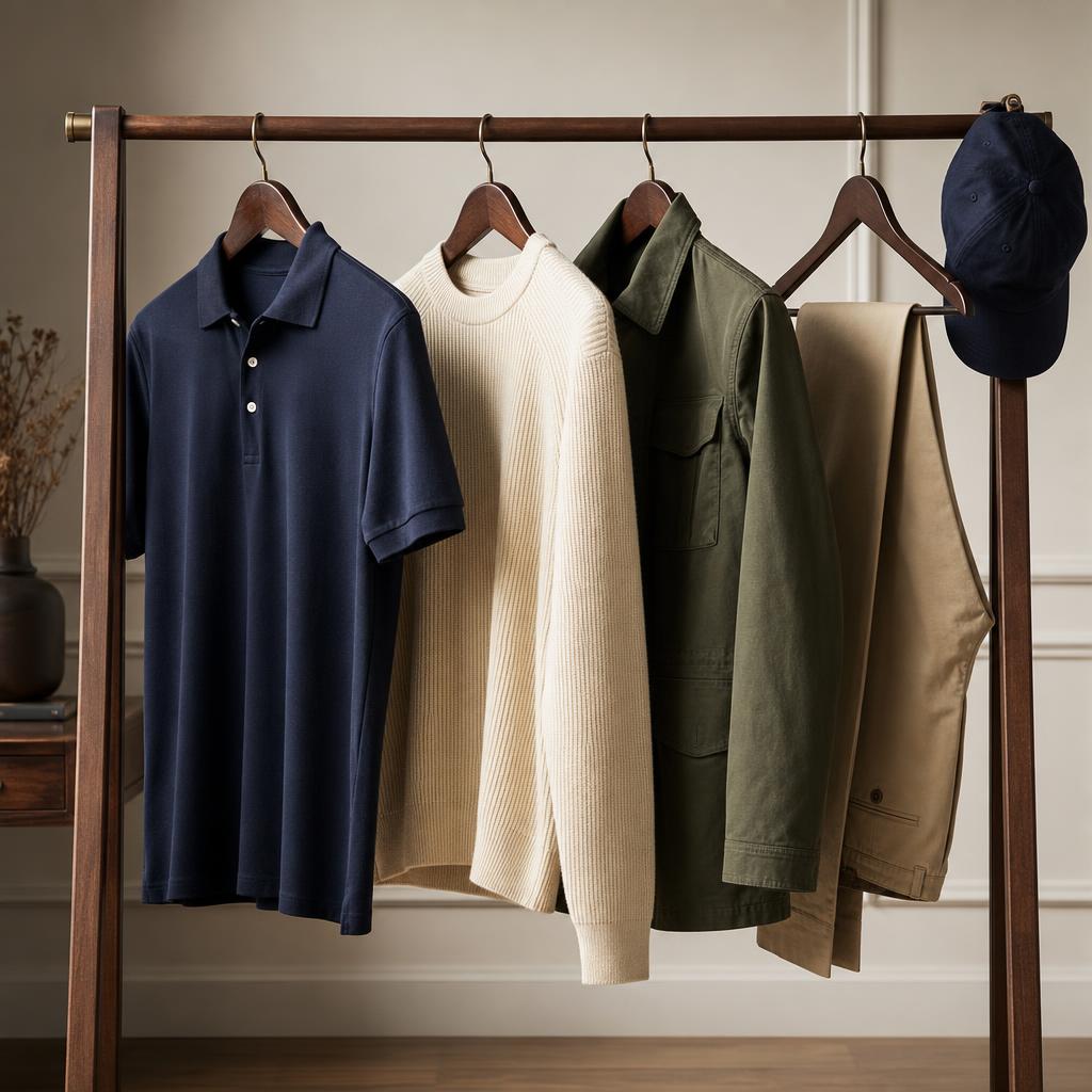 Original classic-menswear editorial with polo, jumper, jacket, chinos and cap