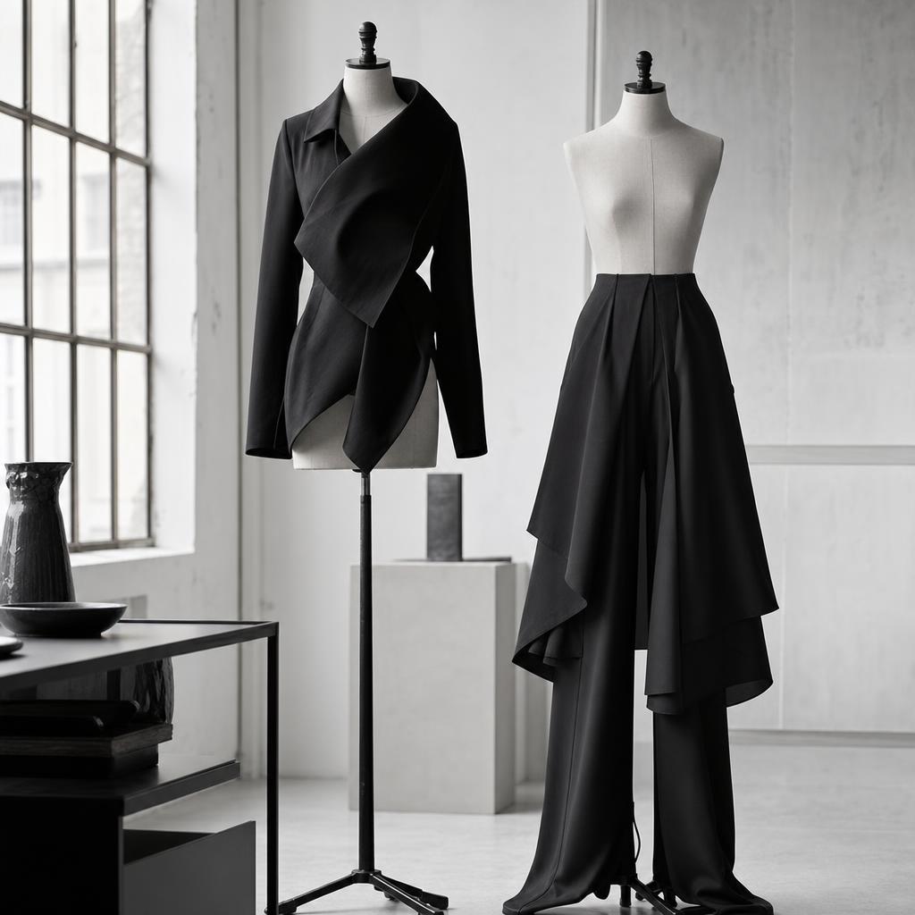 Original editorial image of contemporary monochrome womenswear in a minimalist atelier