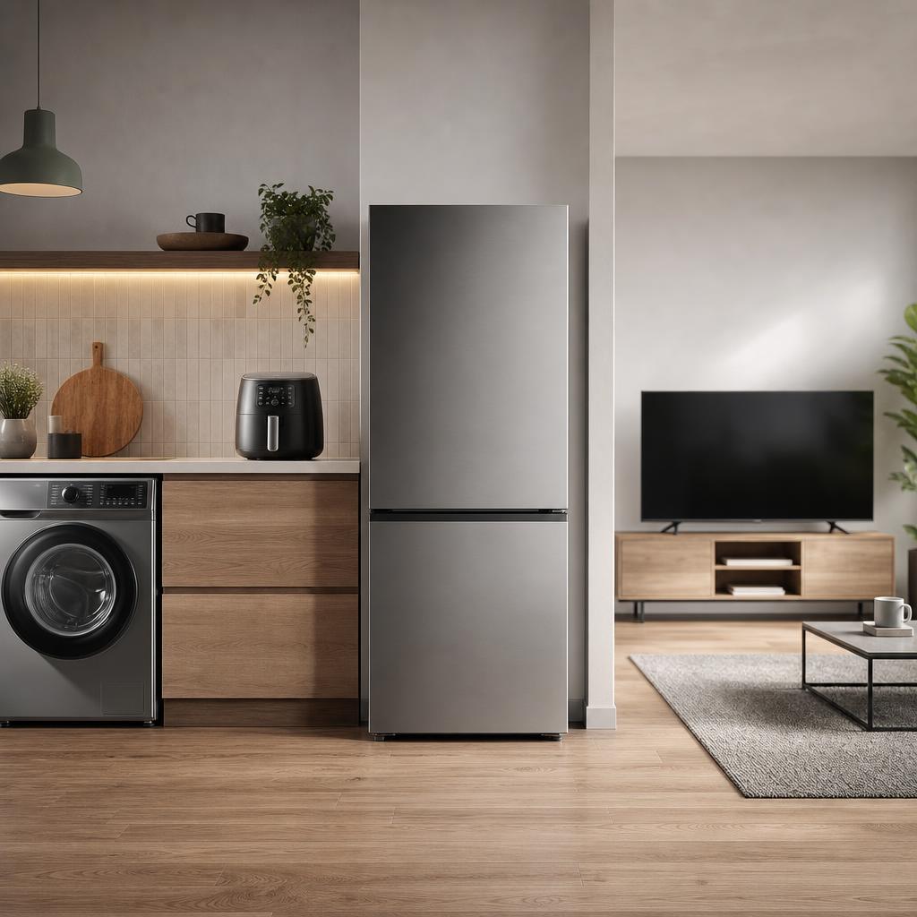 Original editorial image of major home appliances and a television in a modern interior