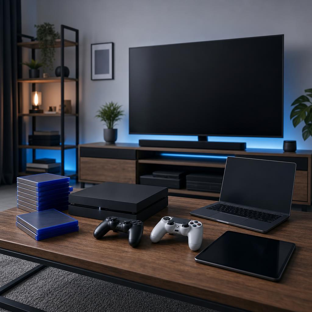 Original games and entertainment editorial with generic console, controllers, cases, laptop, tablet and television