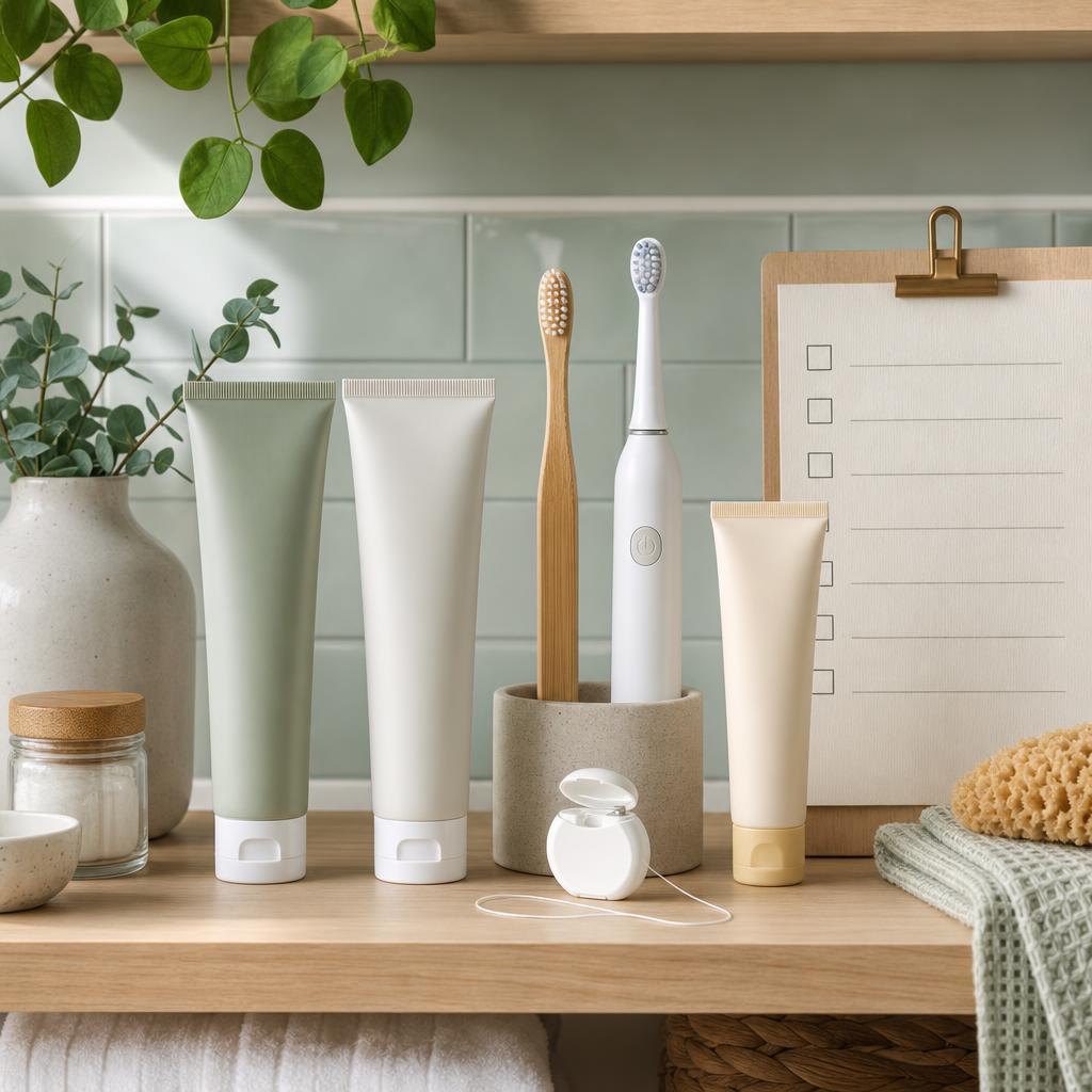 Original oral-care editorial with toothpaste, brushes, floss, sunscreen and blank ingredient checklist
