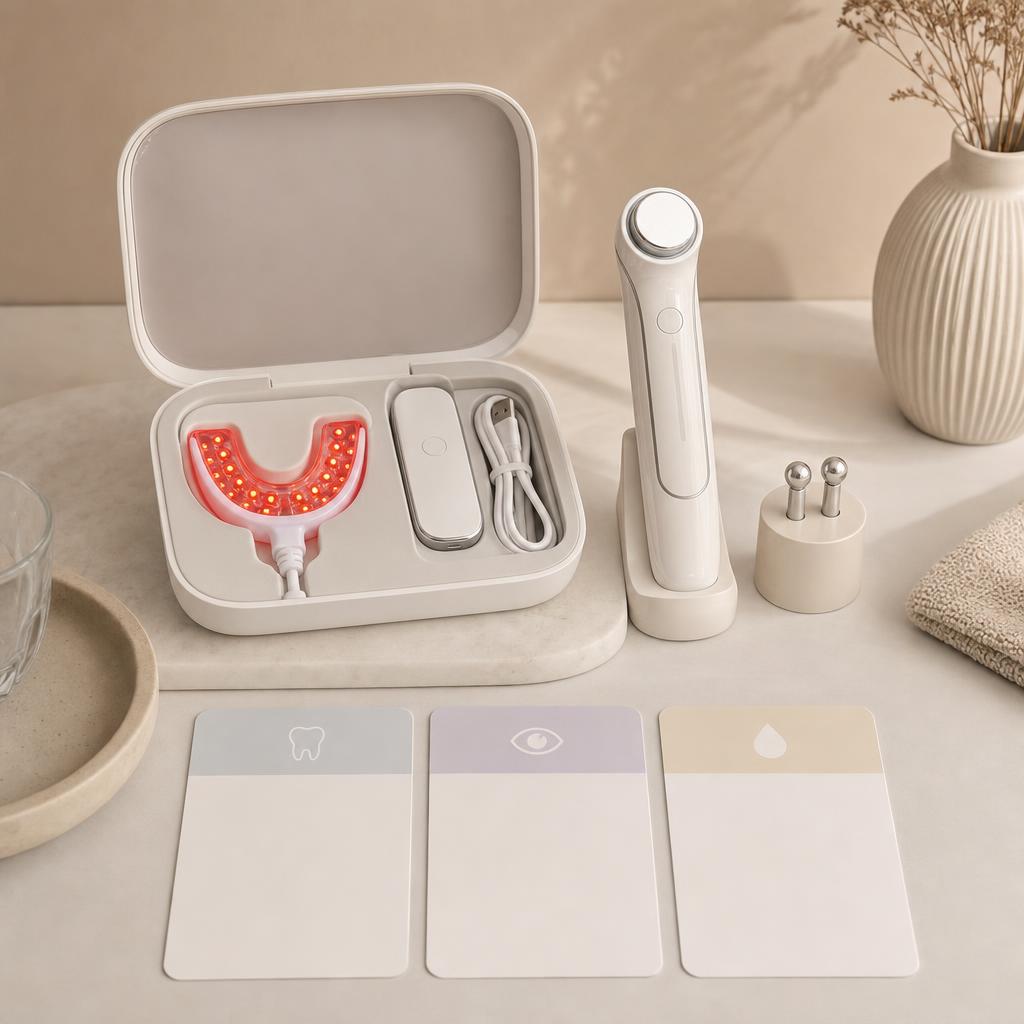 Original Haloral editorial for at-home beauty devices including LED teeth-whitening kits, red-light devices and skincare tools