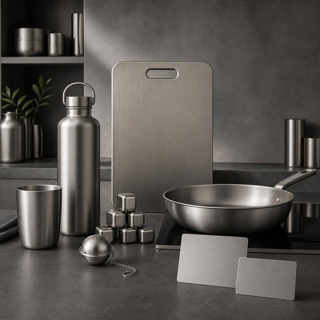 Original TITAN HAUS editorial for pure titanium kitchen and drinkware including cutting boards, bottles, ice cubes, tea infusers and pans