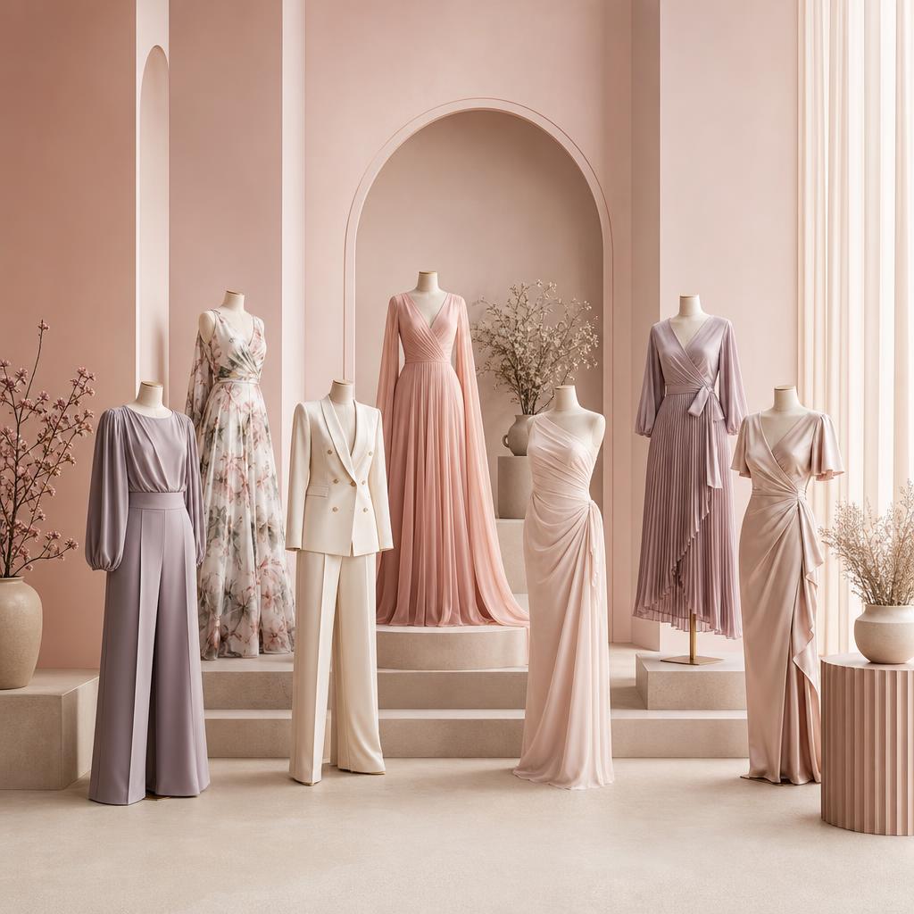 Original fashion editorial of elegant occasion dresses and tailored separates on mannequins