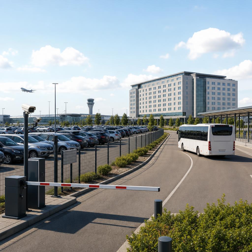 Original travel editorial image of an airport car park, shuttle bus and nearby airport hotel