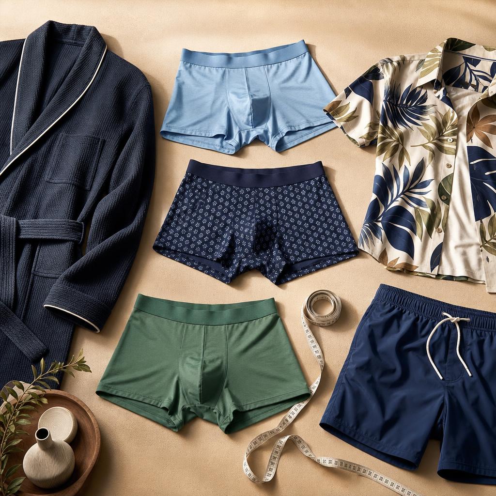 Original tasteful men’s underwear and swimwear editorial with product-only garments and tape measure
