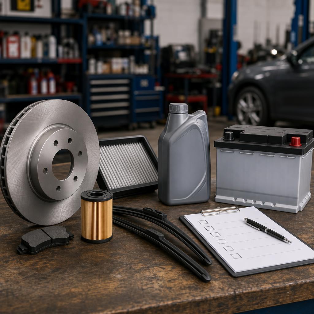 Original automotive-parts editorial with brake disc, filter, wipers, oil, battery and fitment checklist