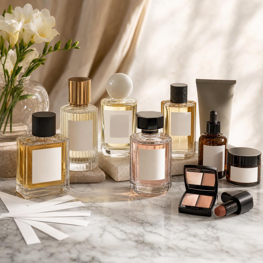 Original perfume and beauty editorial with fragrance, aftershave, cosmetics and scent blotters