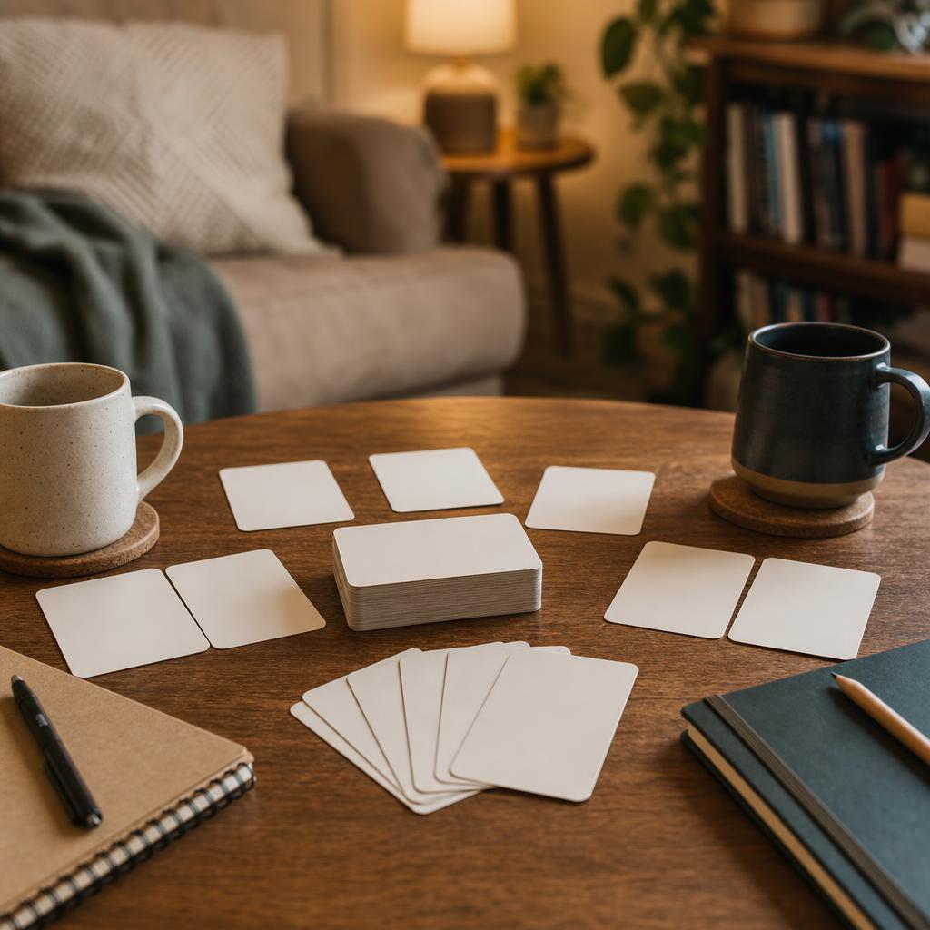 Original conversation card-game editorial with blank prompt cards, mugs and notebooks