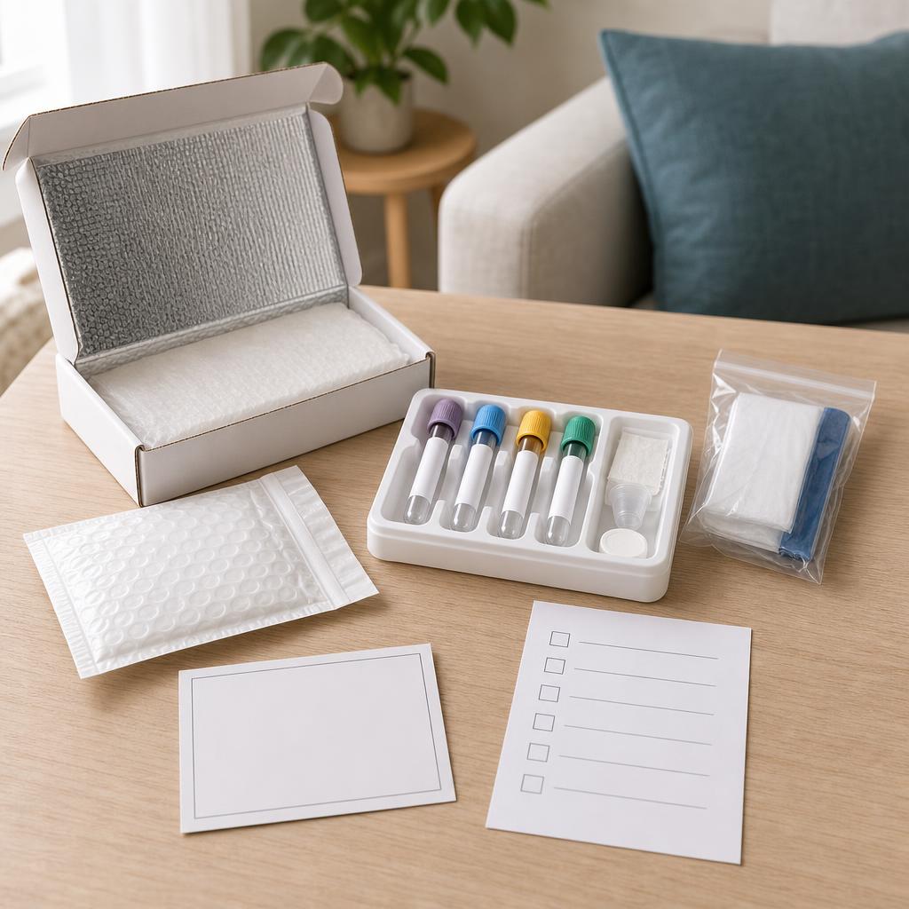 Original home blood-testing editorial with sealed venous kit, blank tubes, packaging and privacy checklist