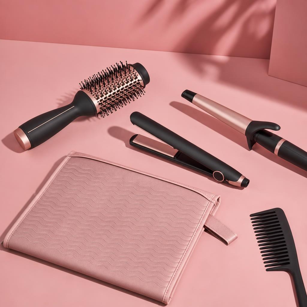 Original hair-styling tool editorial with unplugged brush, straightener, curler and heat mat