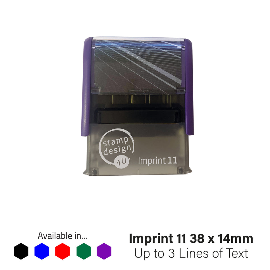 Purple self-inking Imprint 11 address stamp with available ink colours displayed beside it