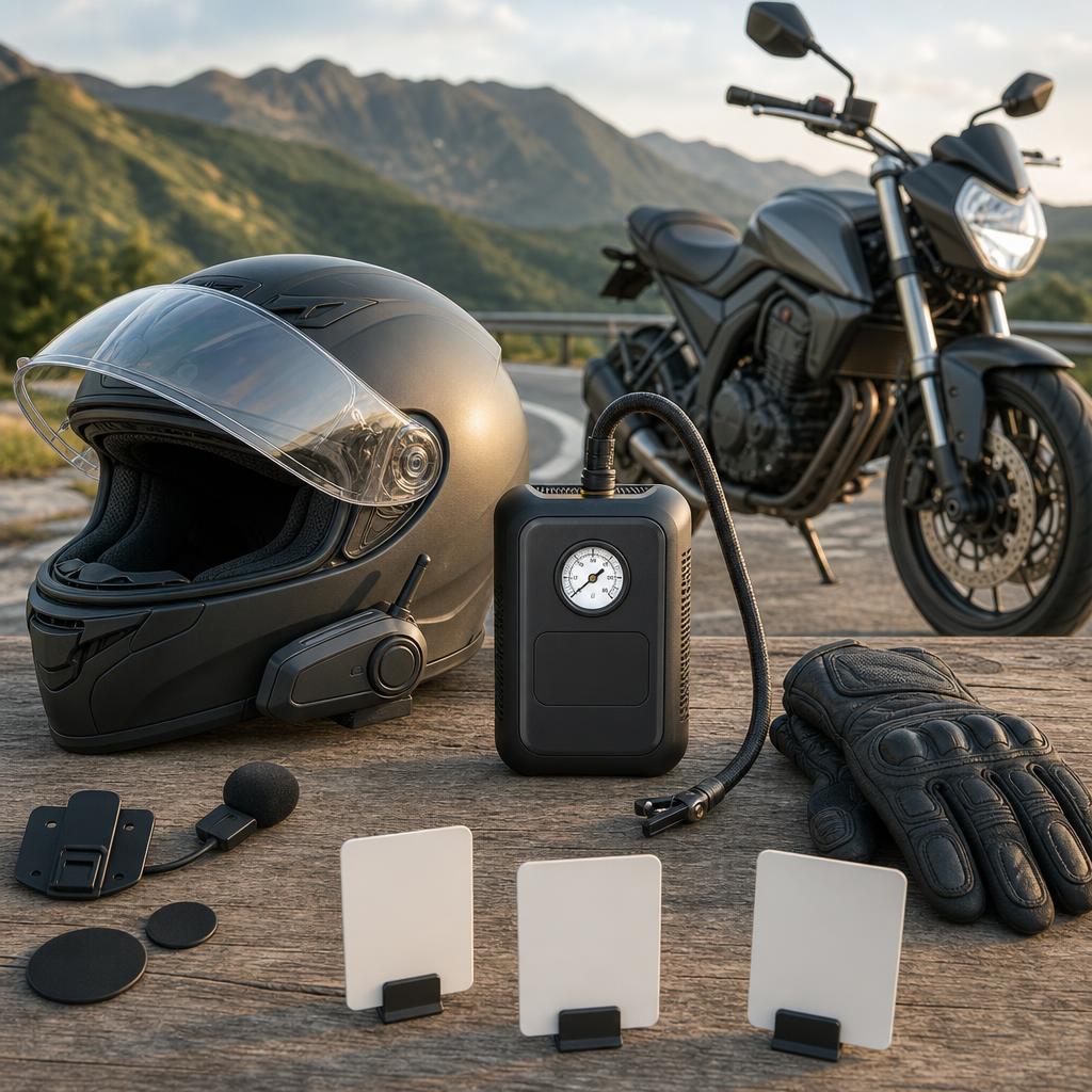 Original ASMAX editorial for motorcycle helmet intercoms and portable tyre inflators