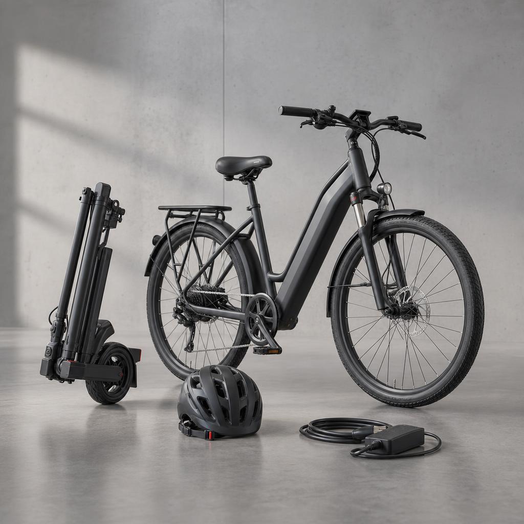 Original responsible electric mobility editorial with folded scooter, commuter e-bike and helmet