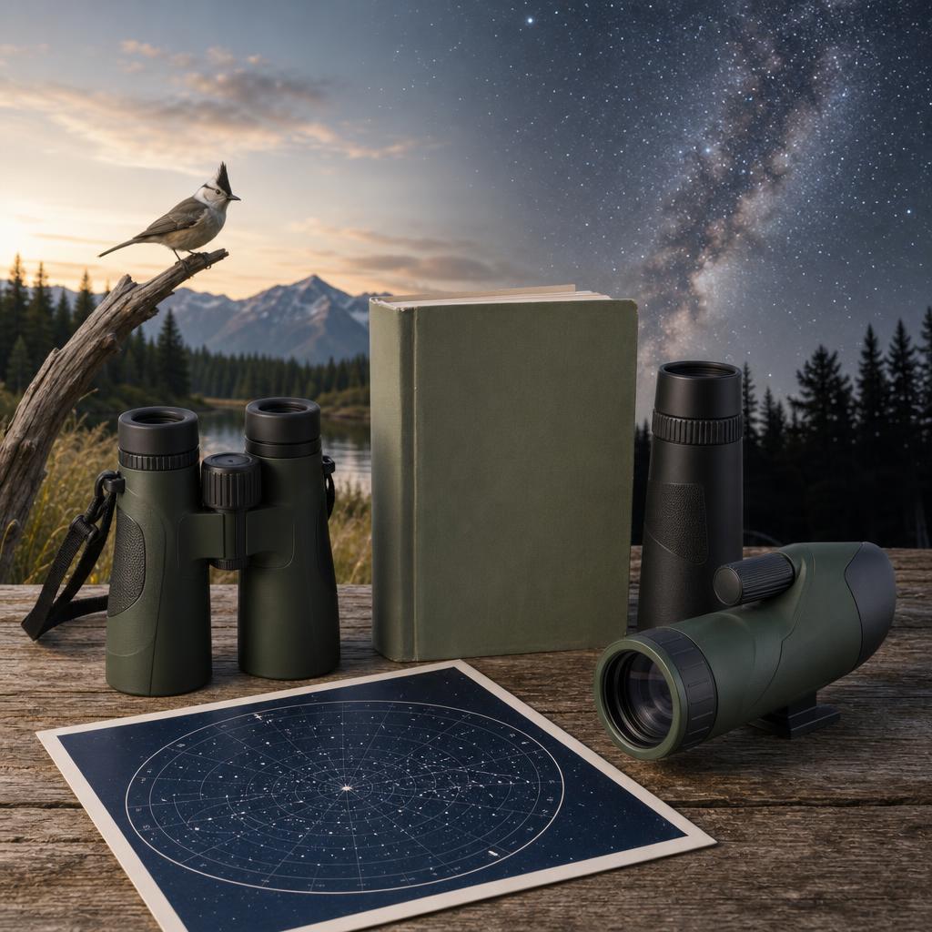 Original ordinary sport-optics editorial with binoculars, monocular, spotting scope, bird guide and star chart