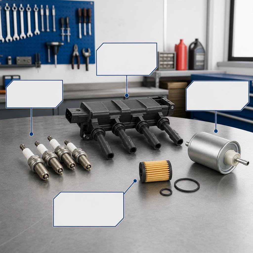 Original classic vehicle maintenance editorial with spark plugs and ignition components on a bench