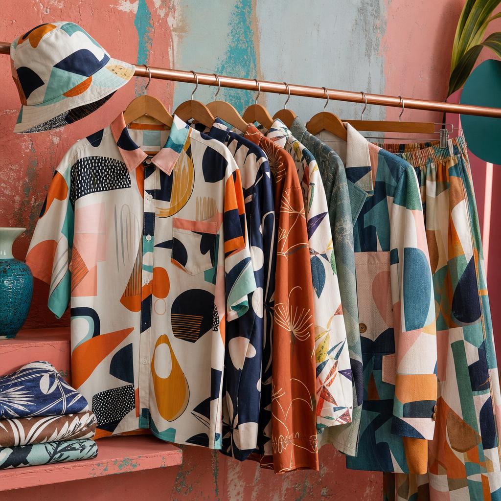Original bold-clothing editorial with patterned shirts, bucket hat, blazer and coordinated outfit
