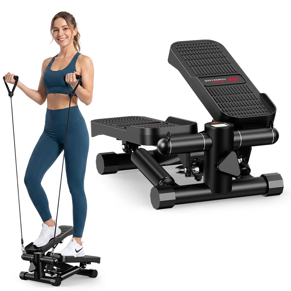Home Fitness Code stepper with resistance bands being used at home