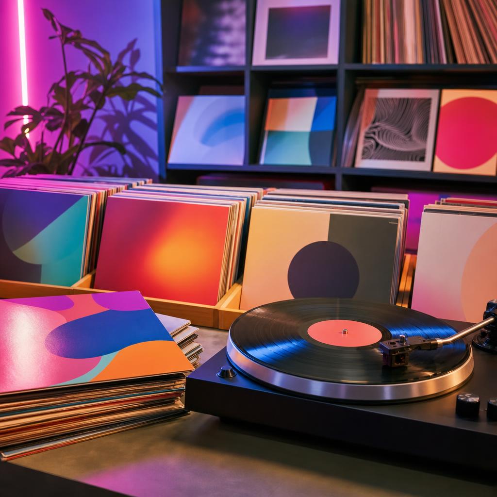 Original vinyl-record editorial with generic colorful sleeves, record and turntable