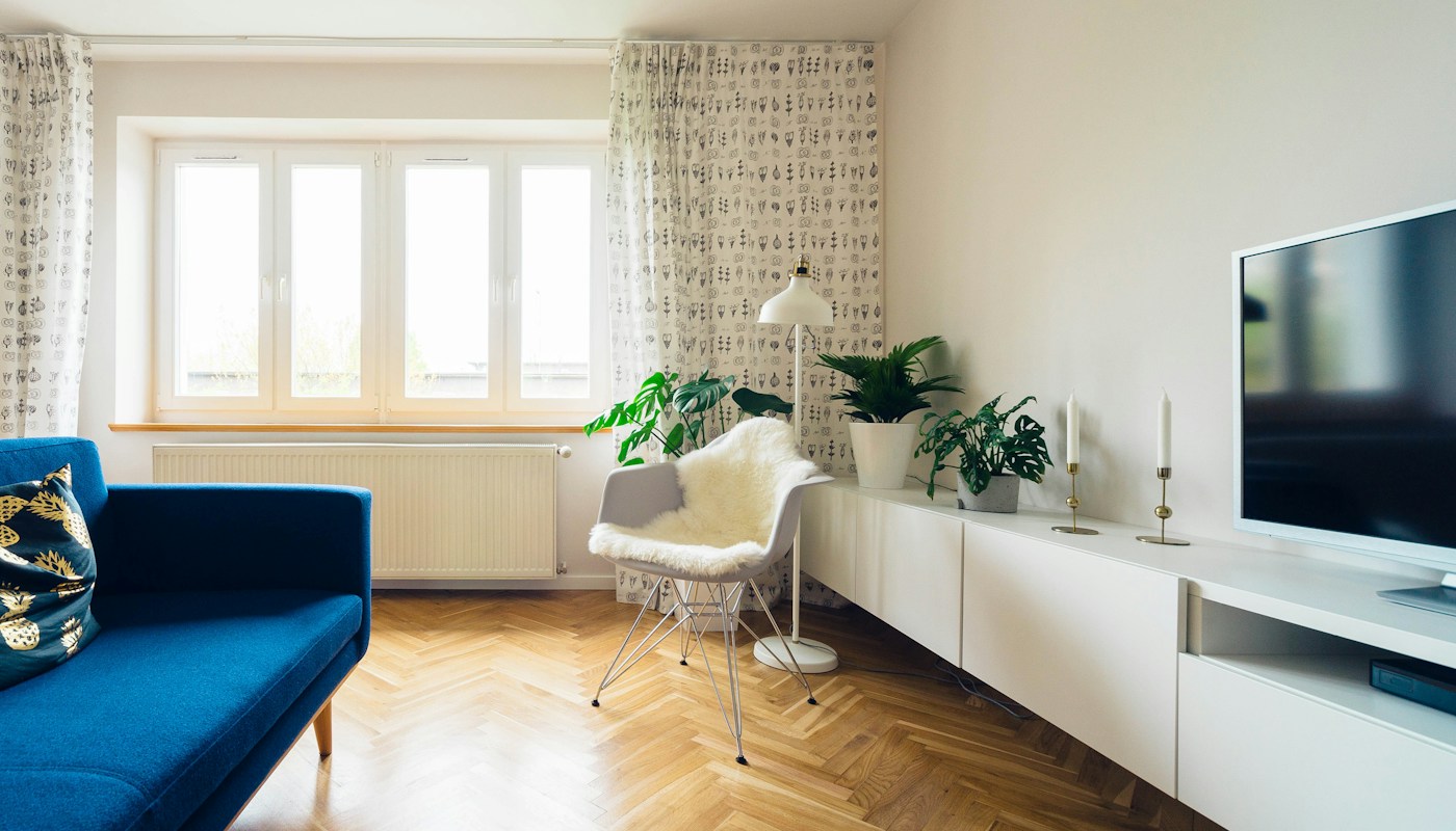 Bright furnished living room with a blue sofa, television and plants