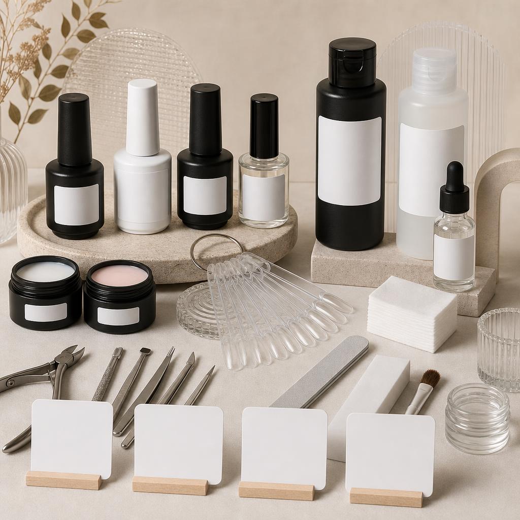 Original ReformA PL editorial for Polish nail styling products and accessories including hybrid polish, gels, tops, acrylics, primers, removers and salon supplies