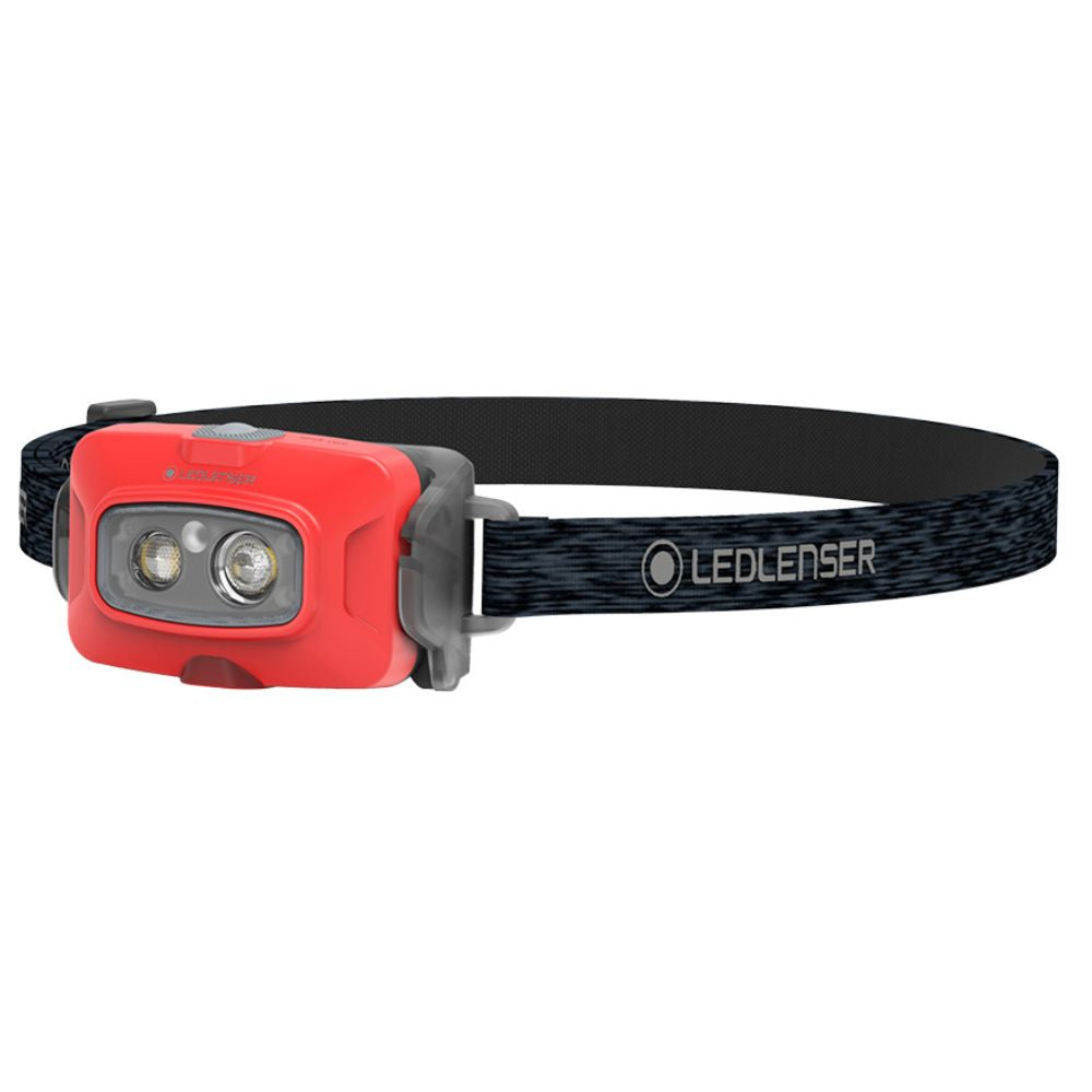 Red Ledlenser HF4R head torch with a black elastic headband