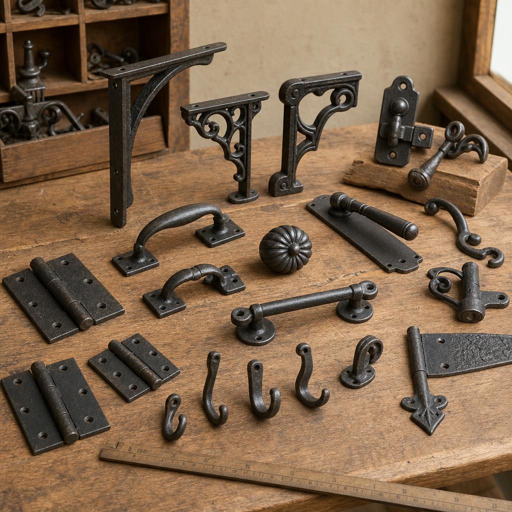 Original cast-iron hardware editorial with brackets, handles, hinges, hooks and ruler