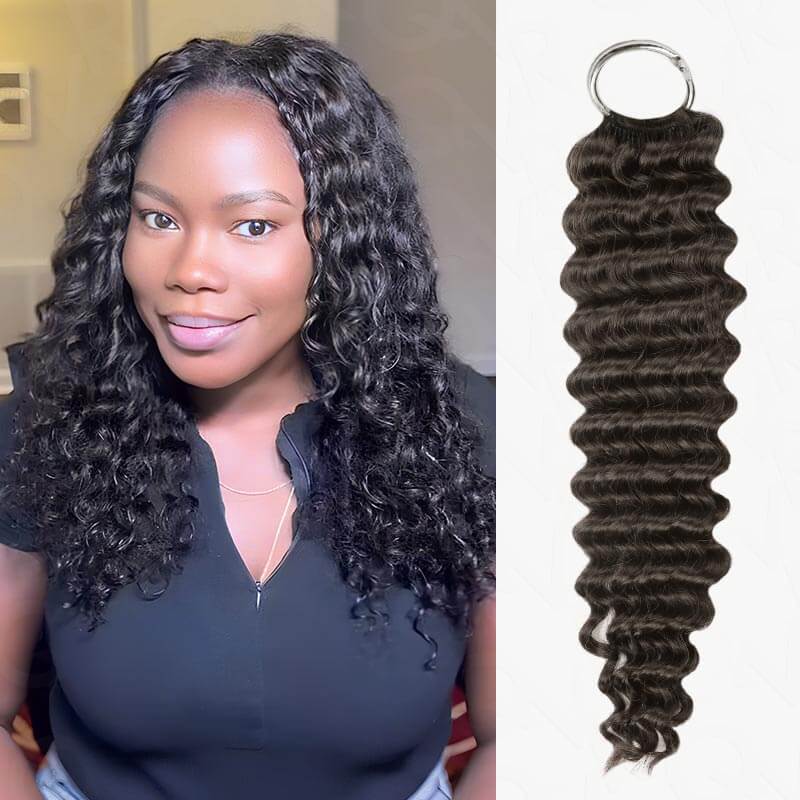 Woman wearing long black curly QVR crochet hair beside a coiled hair extension