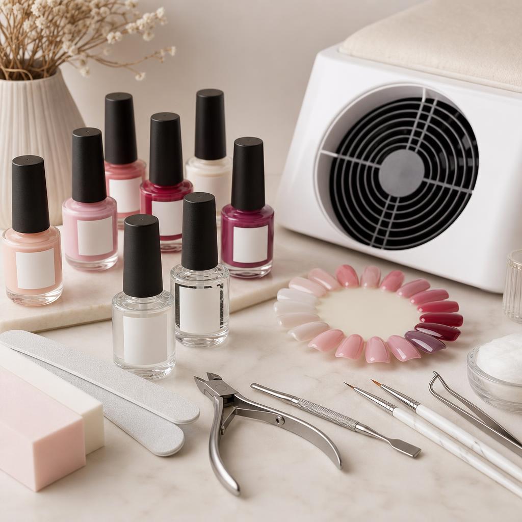 Original nail-cosmetics editorial with polish, tools, swatch wheel and ventilation fan