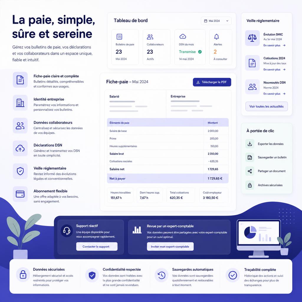 Original Fiche-paie.net FR editorial for French payroll SaaS for payslips, DSN and payroll journals