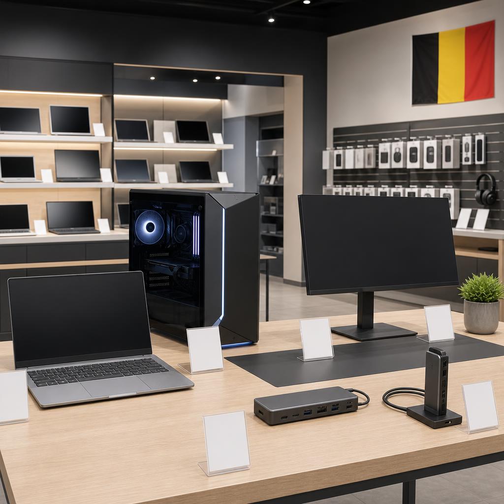 Confirm model, configuration, keyboard language, Belgian warranty, delivery and returns.