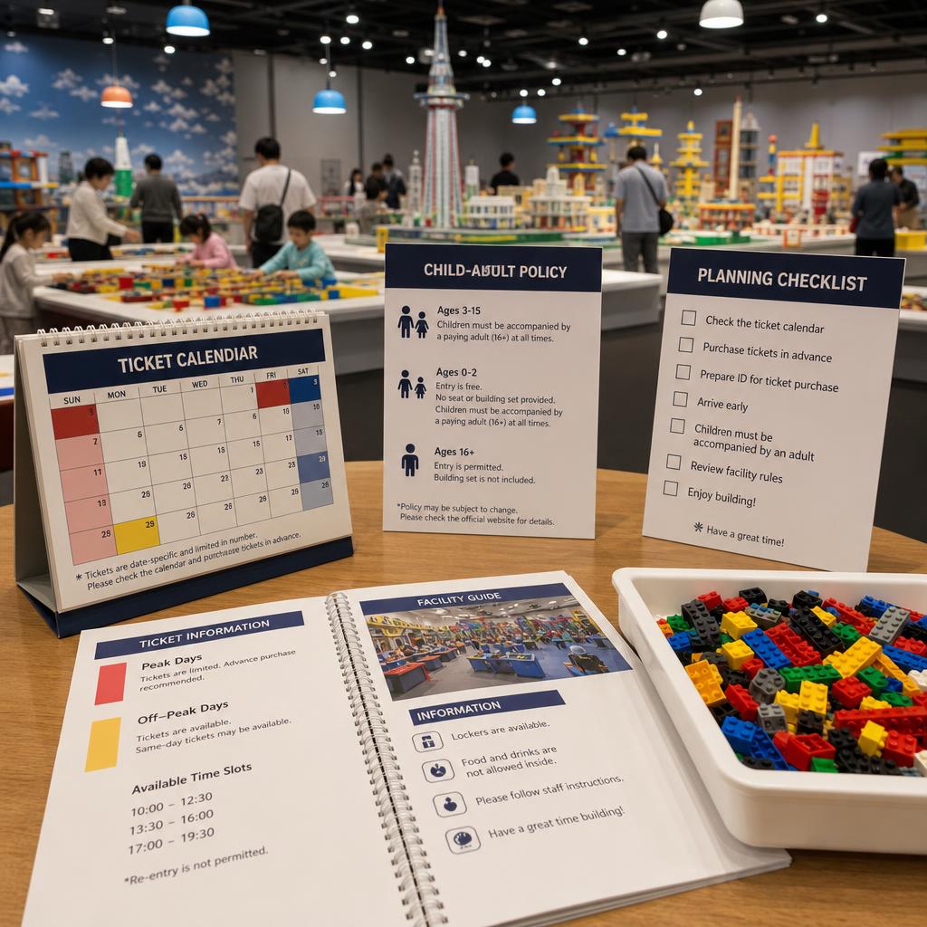 Original photographic visit-planning editorial for official indoor family LEGO-themed attraction in Osaka