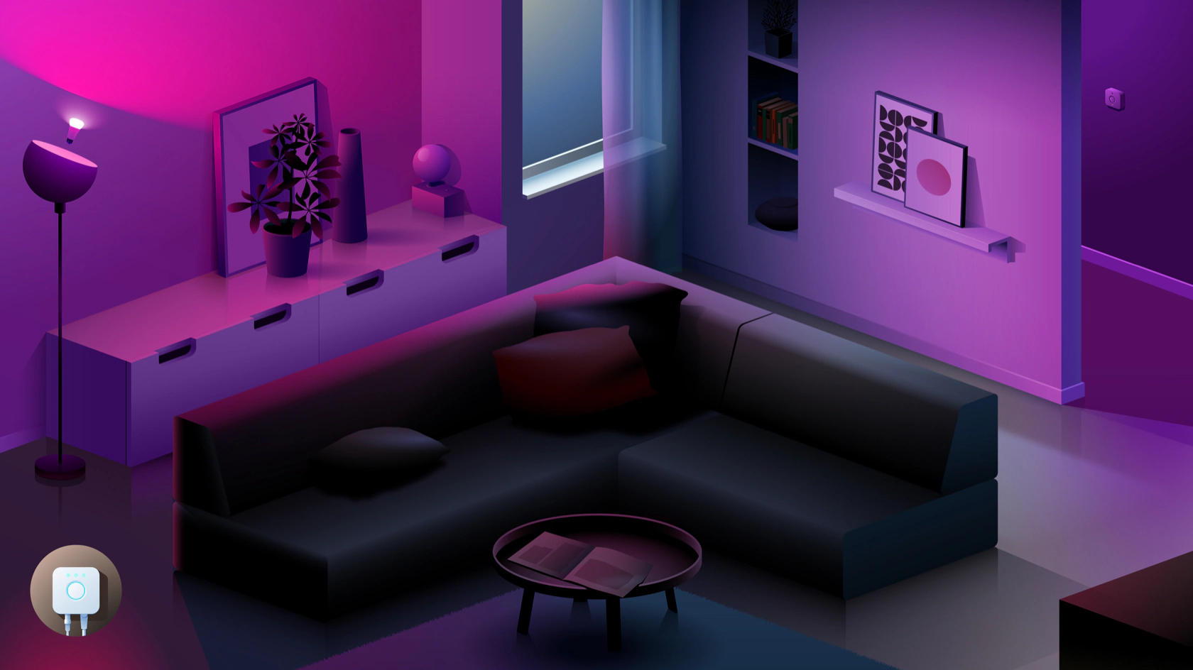 Philips Hue smart lighting illuminating a living room