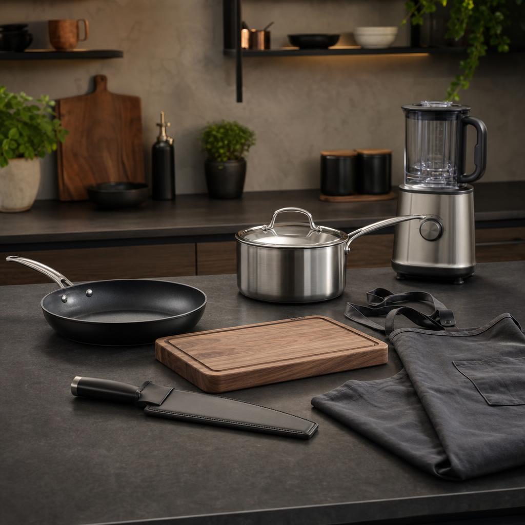 Original kitchenware editorial with pans, sheathed knife, board, apron and appliance