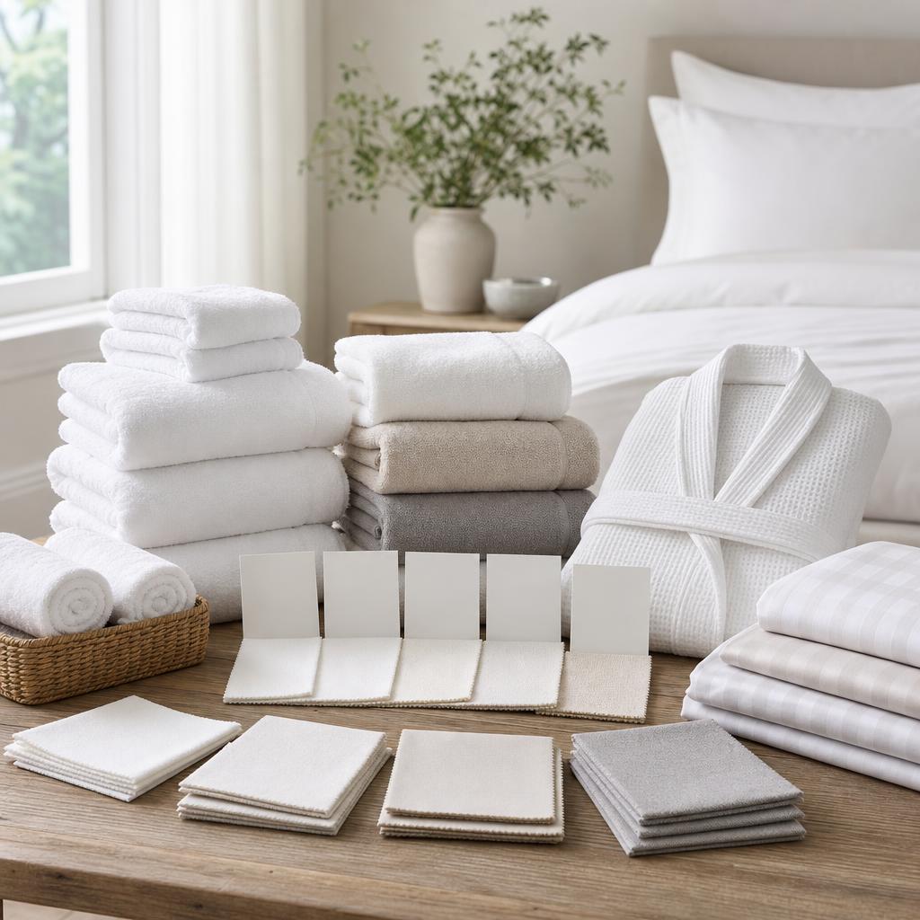 Original towel and hospitality-textile editorial with folded towels, bedding, robe and blank sample cards