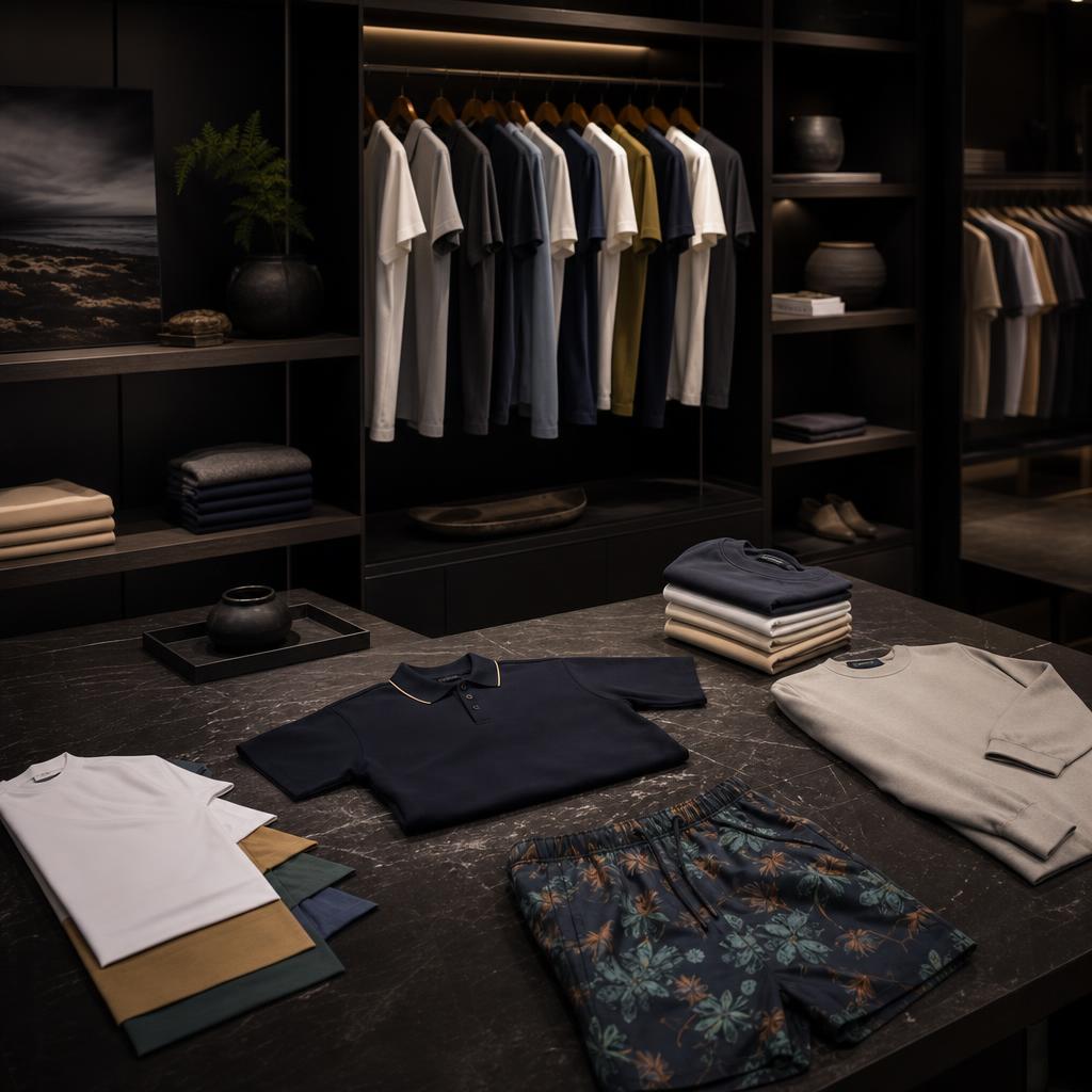 Original luxury menswear editorial with polo, sweatshirt, T-shirts and swim shorts