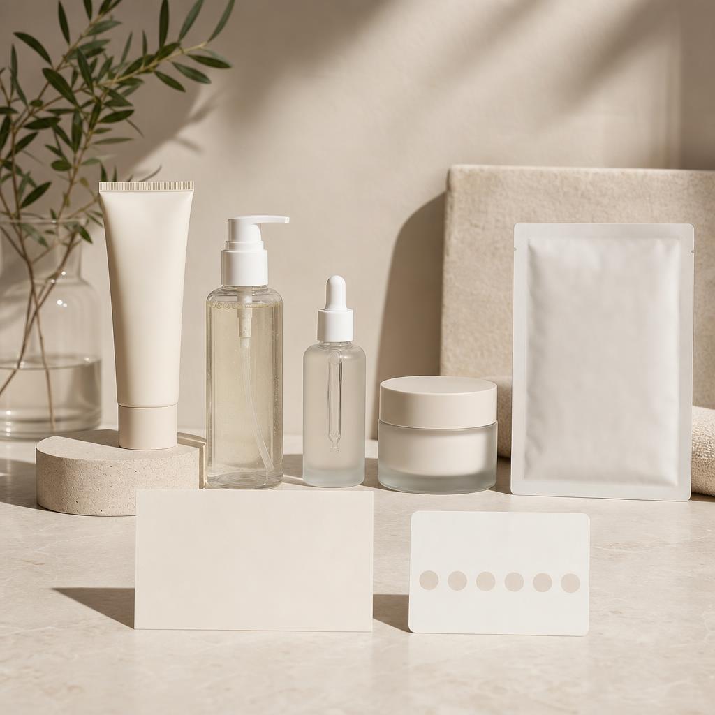 Original conservative skincare editorial with sealed products and blank ingredient cards
