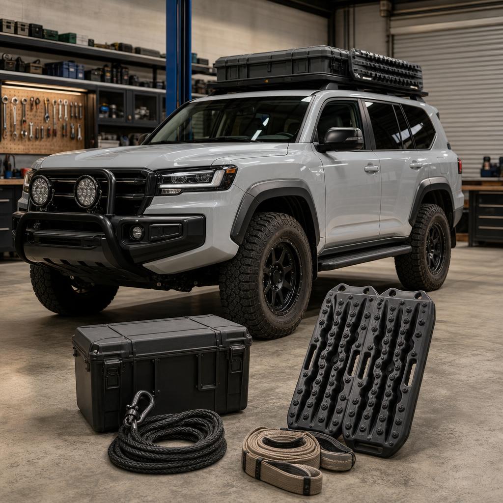 Original editorial image of off-road accessories beside a four-wheel-drive vehicle